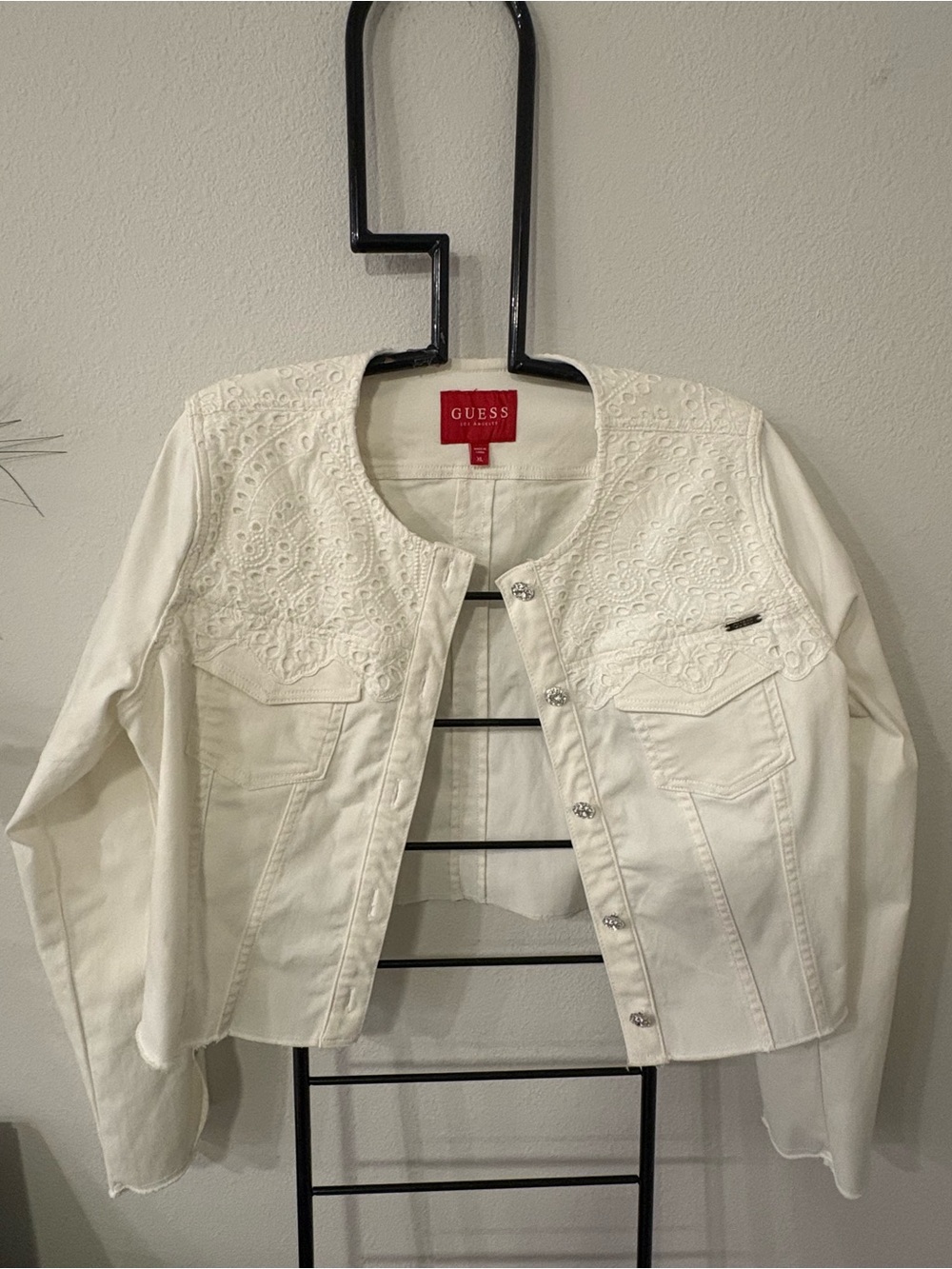 GUESS White Eyelet Cropped Denim Jacket